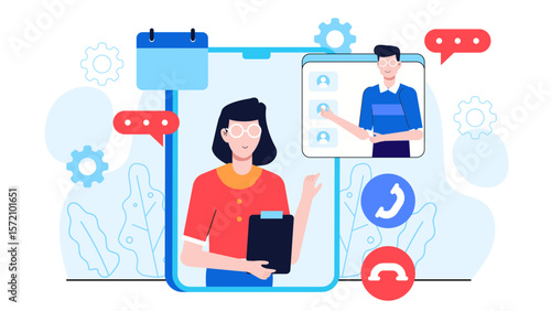 Remote Group Hosting Weekly Sync via Video Call, flat vector illustration