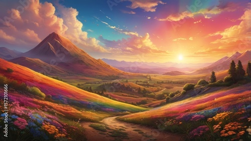 Colorful landscape. The background is filled with vibrant colors of a sunset sky, rainbow-colored hills, and blooming flowers. The scene is vibrant and eye-catching, with bright lights and creative co