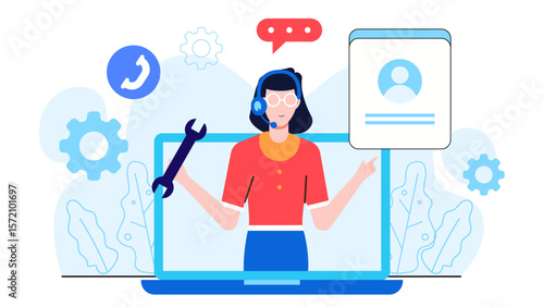 Support Representative Providing Technical Assistance Online, flat vector illustration