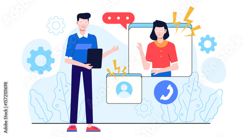 HR Group Leading Remote Conflict Resolution Session, flat vector illustration
