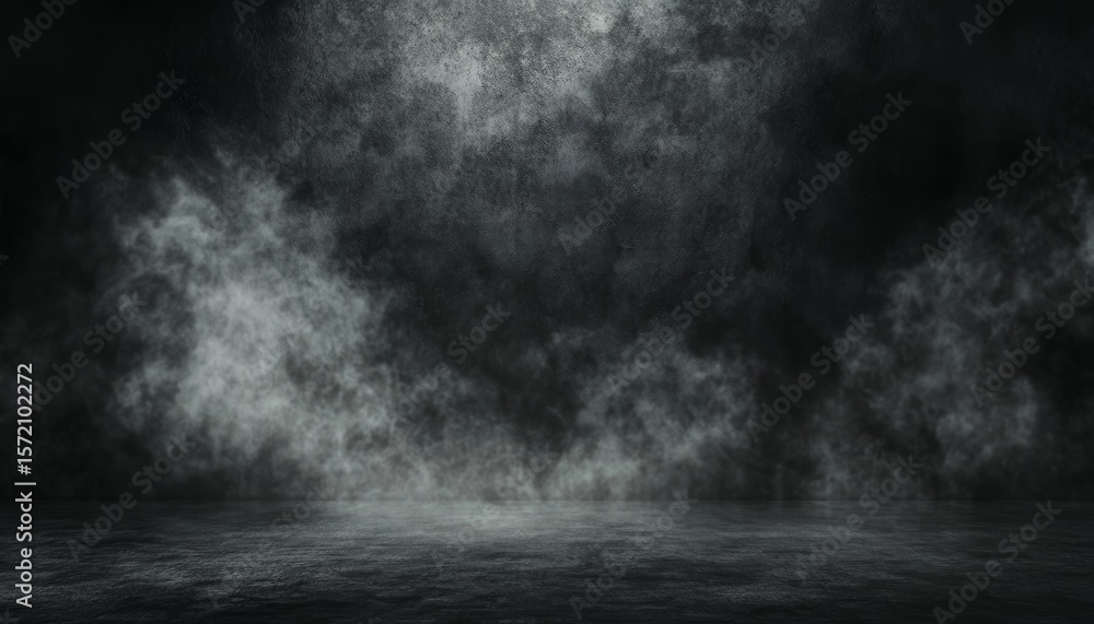 Fototapeta premium Dark grey rough wall texture background with faint smoke, spooky Halloween concept.