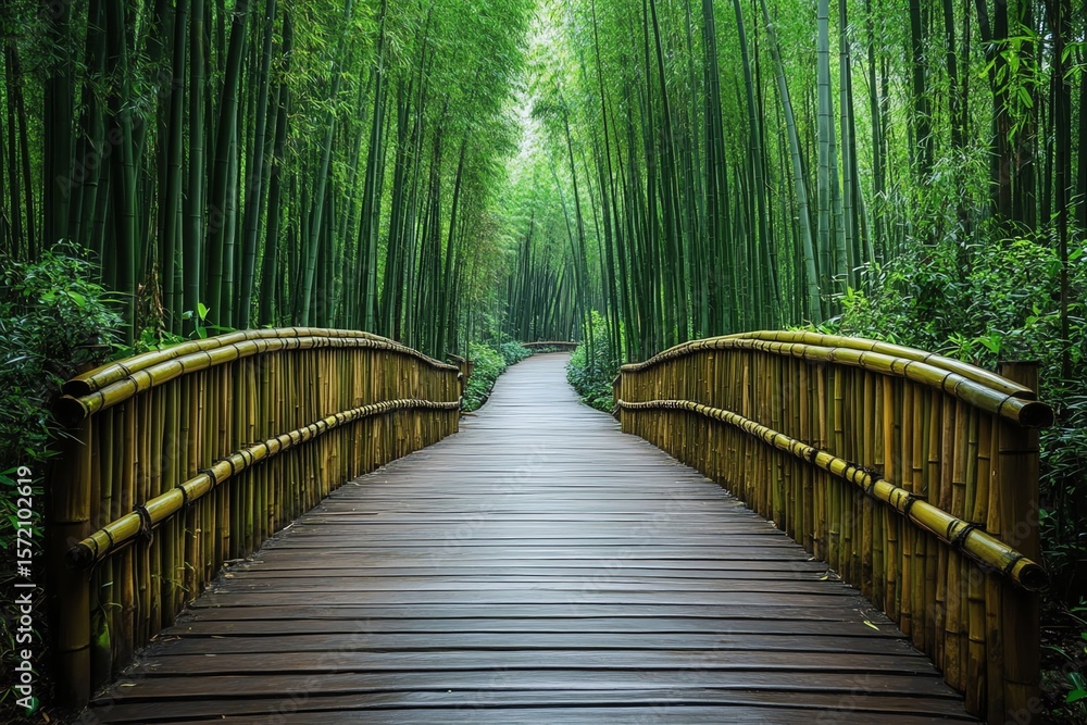 Fototapeta premium Bamboo Forest Pathway with Wooden Bridge in Lush Green Jungle