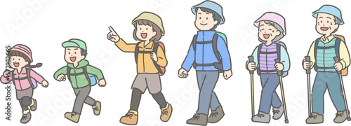 ハイキングや登山をする3世代家族のイラストセット
