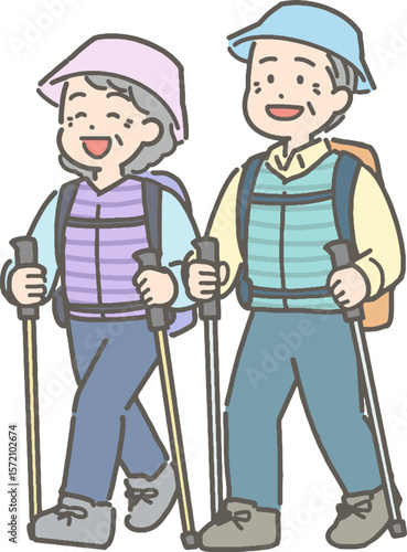 ハイキングや登山をするシニア夫婦のイラスト
