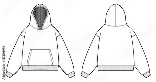 Pullover Hoodie Technical Fashion Flats. Men’s Hooded Sweatshirt Vector Template. Front and Back design. Relaxed Fit. Kangaroo Pocket. Ribbed Hem and Cuffs. White Color. CAD Mockup.