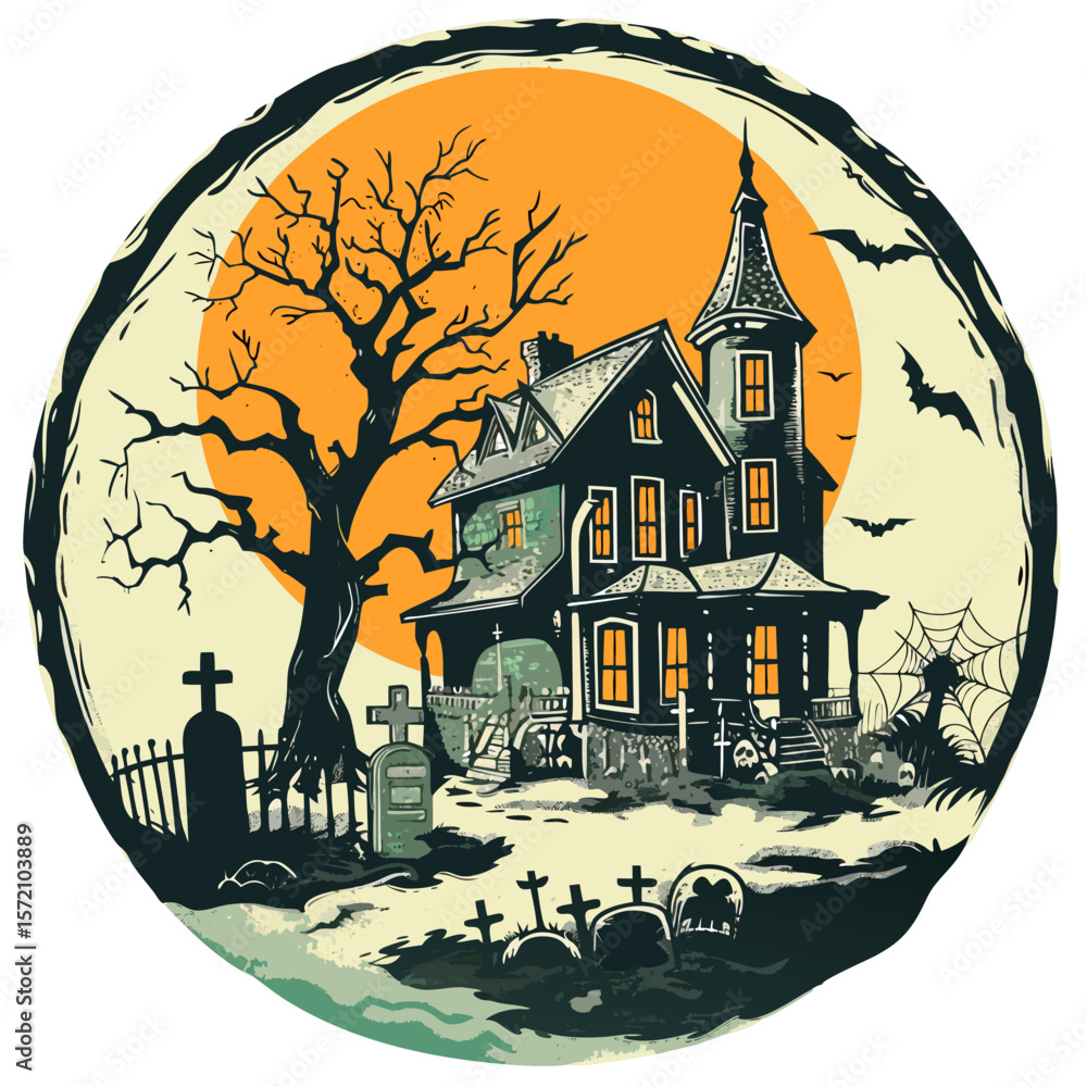 Retro 1930's Halloween illustration of a haunted house with cemetery and dead tree under full yellow moon