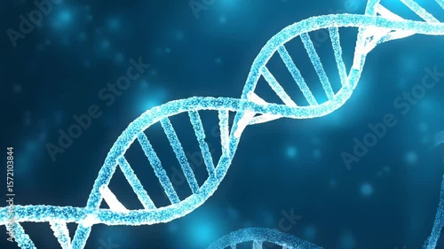 A luminous dna double helix structure against a dark blue gradient background with light particles. Dna strand in glowing blue light. Genetic science 3d illustration. Abstract view of dna molecule