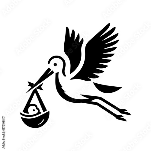 Simple black stork carrying baby icon on transparent background. Minimalist vector illustration of birth legend, perfect for nursery decor, baby announcements, and parenting designs. 