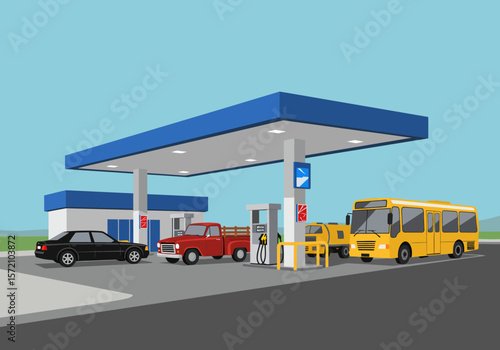 Modern Gas Station with Blue Canopy and Fuel Pumps Vector Illustration.