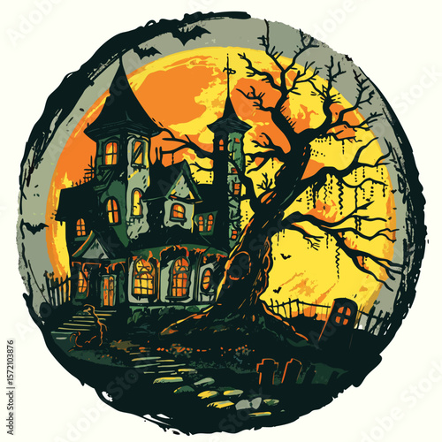 Retro 1930's Halloween illustration of a haunted house with a dead tree under a full yellow moon, Halloween  