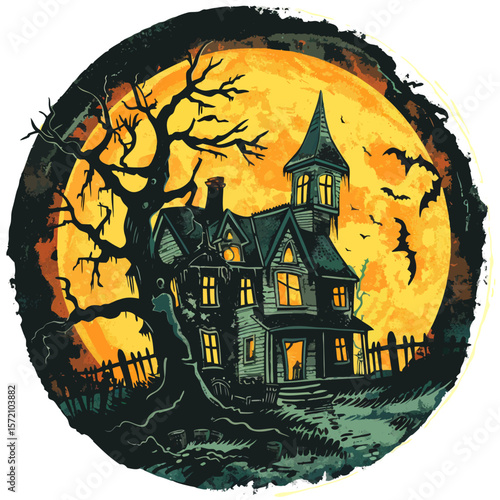 Retro 1930's Halloween illustration of a haunted house under full yellow moon with barren tree and bats  