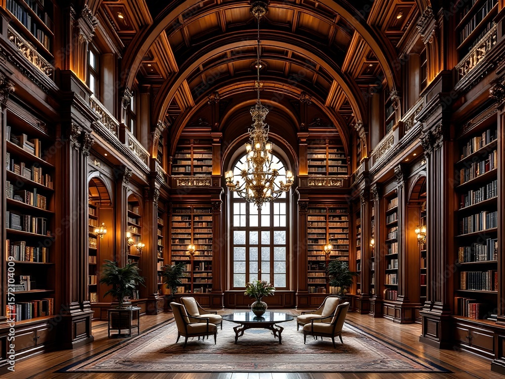 Fototapeta premium Grand Classical Library with Rich Wood Paneling and a Large Chandelier