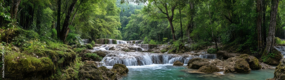 Fototapeta premium Breathtaking waterfall action in lush forest hdr 360 degrees hdri