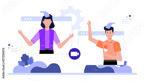 Remote Group Playing Online Icebreaker Game flat vector illustration