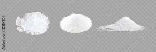 Salt realistic set isolated icons of heaps of edible salt of different crack with salt shakers vector illustration.