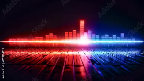 Equalizer bars reacting to sound, camera zooms in slowly, vivid rhythm and light 