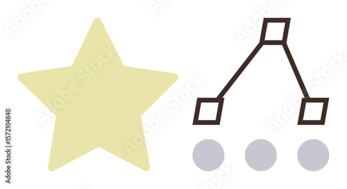 Yellow star paired with a hierarchy diagram linking squares and circles, visualizing leadership, teamwork, recognition, and connection. Ideal for success concepts, ratings, decision-making