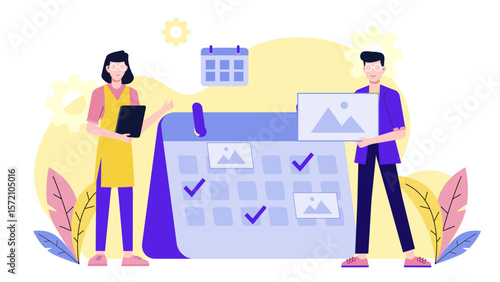 Content Group Finalizing Monthly Publishing Calendar flat vector illustration