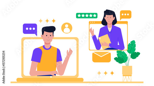 Group Organizing Virtual Product Feedback Session flat vector illustration
