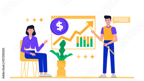 Startup Founder Sharing Roadmap with Advisors flat vector illustration