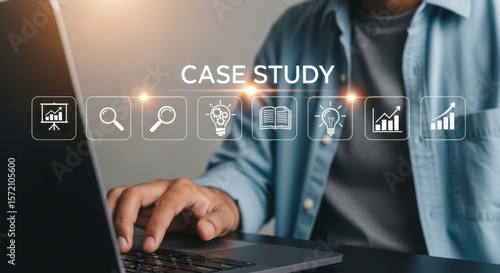 Person analyzing case study data with digital icons on a laptop screen