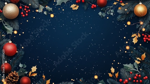 Flat lay Christmas template with holly, ornaments, and twinkling lights on a deep blue background