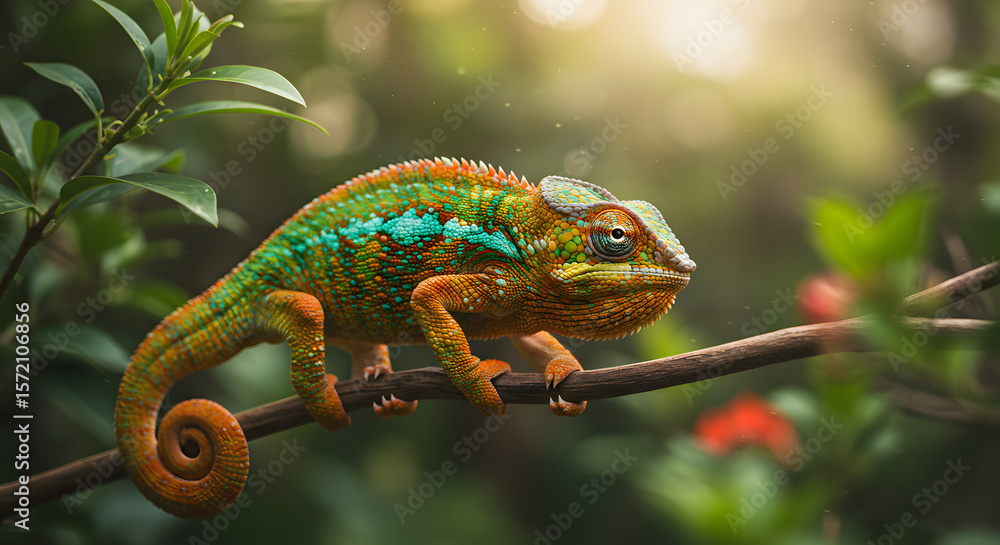Fototapeta premium Colorful Chameleon Sitting on Branch in Natural Jungle Environment