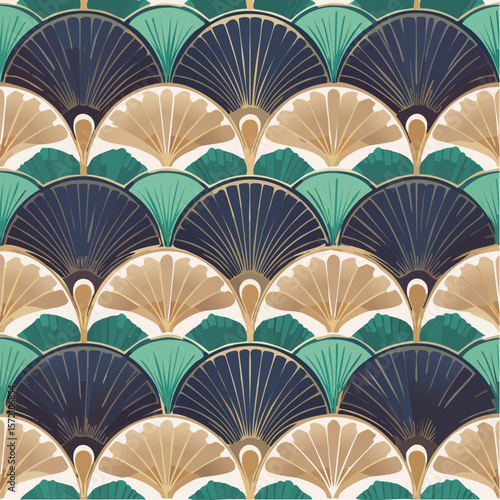 art deco tile repeat with fans, chevrons, and concentric circles in geometric symmetry