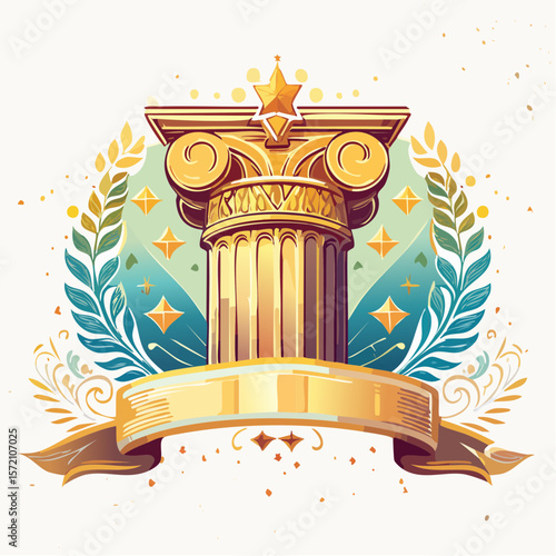 roman column icon with foil-engraved detail, soft grain, and classic banner lockup