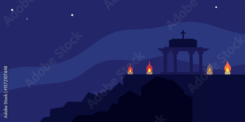 European castle silhouette on a hill, bathed in moonlight under a dark, cloudy sky