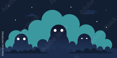 Night city landscape with moonlit clouds, a dark vector illustration of nature's serene beauty