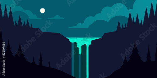 Cityscape silhouette at sunset with a moonlit sky, vector illustration