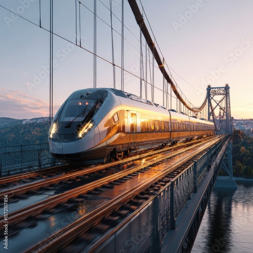A highspeed train is currently traveling over a bridge at great speed