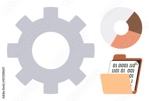 Gear alongside pie chart and data file highlights process management and data analysis. Ideal for productivity, industry, strategy, data science, innovation, system efficiency, simple flat metaphor
