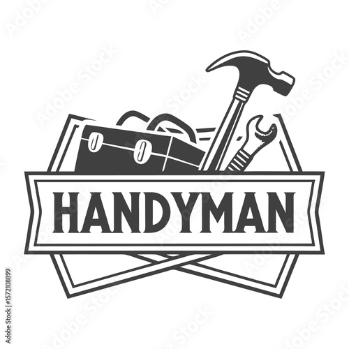 Vintage emblem featuring a toolbox hammer and wrench with the word handyman in the center
