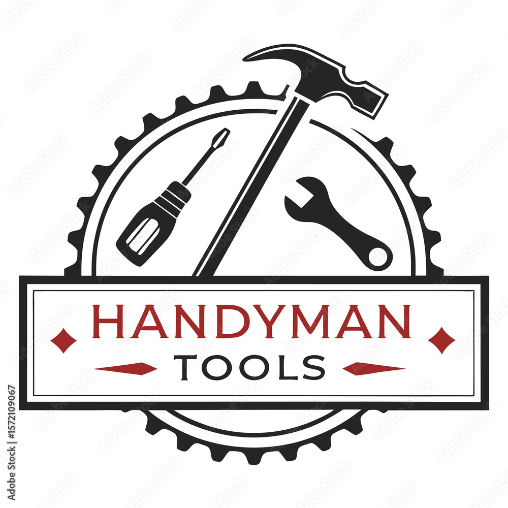 Retro style logo featuring a hammer screwdriver and wrench arranged within a gear shape with the text handyman tools Retro style logo featuring a hammer screwdriver and wrench arranged within a gear shape with the text handyman tools