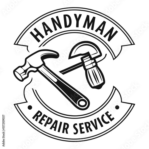 Retro style black and white emblem featuring a hammer and a trowel crossed for a handyman or repair service company logo