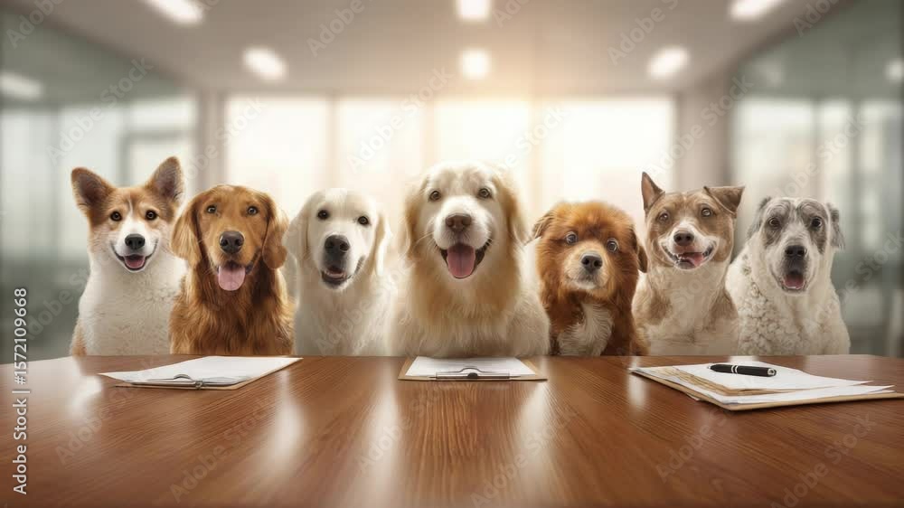 Diverse group of friendly dogs sitting around a wooden conference table in an office