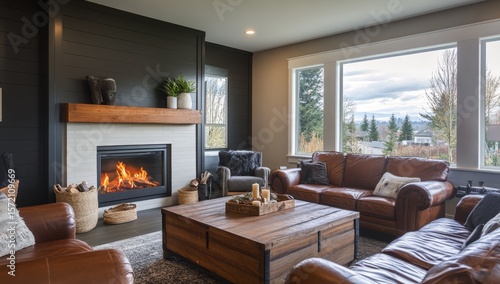 Cozy modern living room with fireplace and large windows overlooking a scenic landscape.