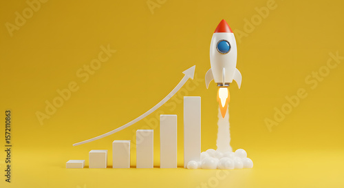 Rocket Launching with Upward Arrow and Bar Graph on Yellow Background