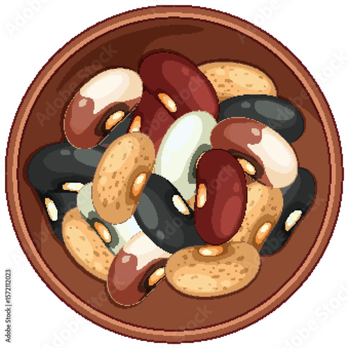 Assorted Beans in Wooden Bowl Vector Illustration