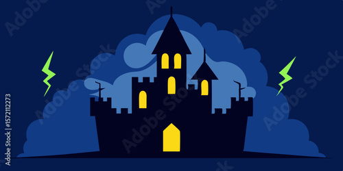 Spooky vector illustration of a haunted castle silhouette on a dark, moonlit hill with trees, perfect for a Halloween night