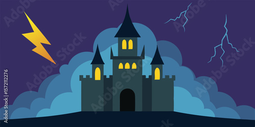 Spooky haunted castle on a hill under a Halloween moon, with bats silhouetted against the dark sky, an eerie autumn night illustration