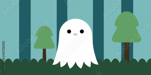 Cute cartoon vector illustration of a little girl and boy playing on the grass with a friendly ghost, symbolizing fun and innocent childhood design
