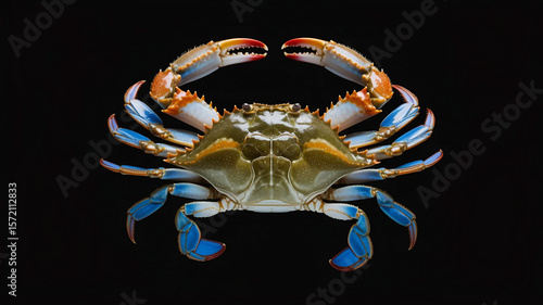 Maryland blue crab top view on black background 