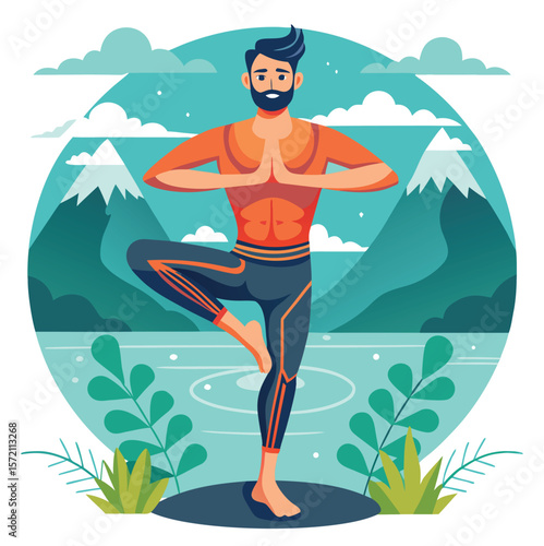 A modern man performing yoga tree pose exercise near lake and mountain landscape