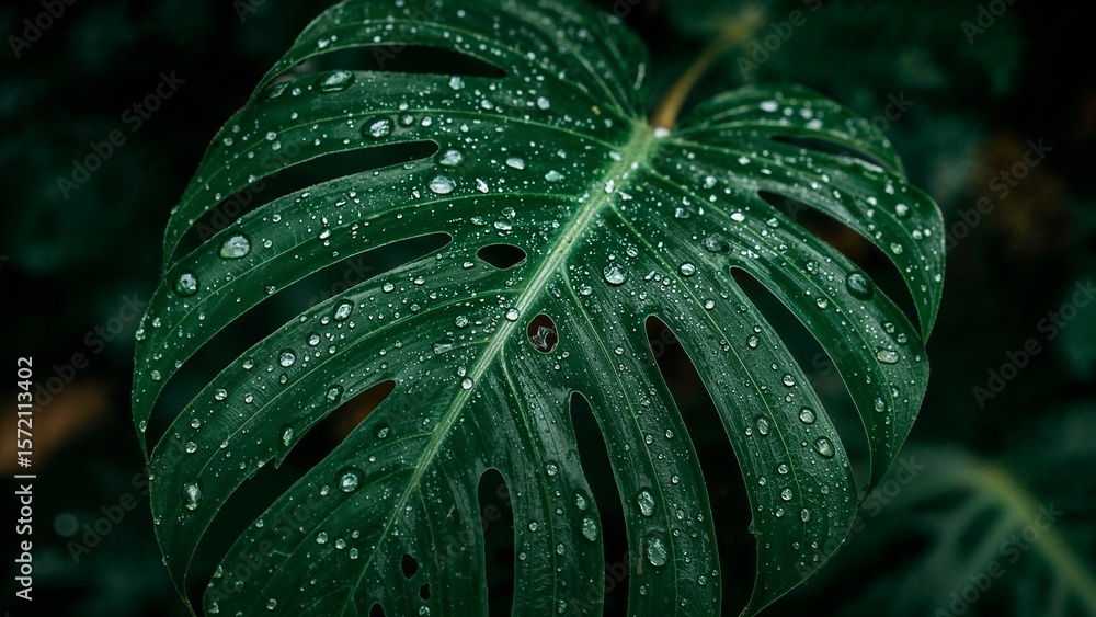 Fototapeta premium Reflections in Water Droplets on a Textured Monstera Leaf Surface