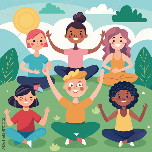 Diverse group of children practicing yoga outdoors in a beautiful nature setting