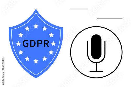 Blue GDPR shield with stars alongside a microphone icon in a circle. Ideal for data privacy, compliance, voice recording, information security, legal tech, EU regulations, simple landing page