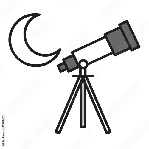 Telescope Aimed at Crescent Moon in a Clear Night Sky